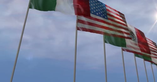 USA and Mexico National Flags Waving with Realistic Animation