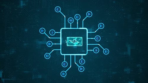 Logo de batería digital azul y placa de circuito con tecnología HUD futurista