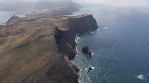 Beautiful aerial or drone shot of "Ponta de Sao Lourenco" in Madeira island in Portugal. Epic cliffs
