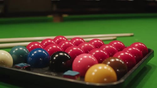 Snooker Colorful Balls Closeup on Green Billiards Table for Start to Play Snooker Game Billiard