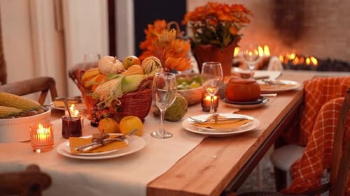 Indoor Feast Table Set with Seasonal Gourds