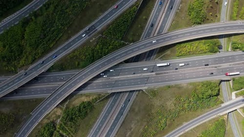 Aerial view of motorway interchange near Rugby, United Kingdom.