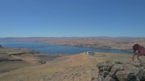 Columbia River Gorge at Vantage, Washington with a Wild Horses Monument, drone view