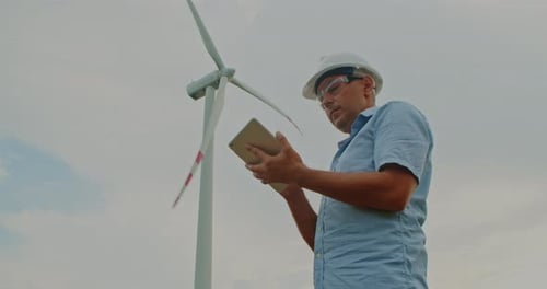 Ingenieur in einem Helm und einem Tablet in seinen Händen vor dem Hintergrund Windkraftanlagen