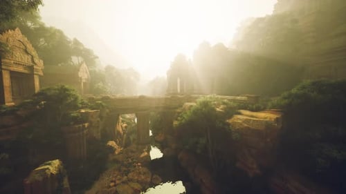 Des explorateurs observent d'anciennes structures en pierre illuminées par la lumière du matin
