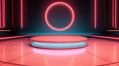 Neon Virtual Stage with Glowing Circle and Light Bars Background