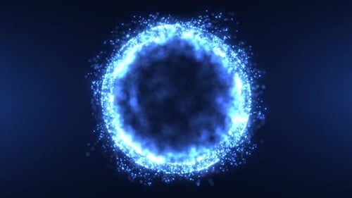 Abstract round sphere made of shiny blue magic glow particles on a dark background, energy ball