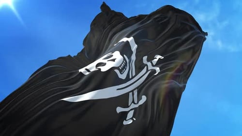 Animated Jolly Roger Pirate Flag Waving in Blue Sky