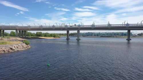 Aerial Drone slow tracking Shot of the Western High-Speed Diameter Bridge, Gulf of Finland in Saint