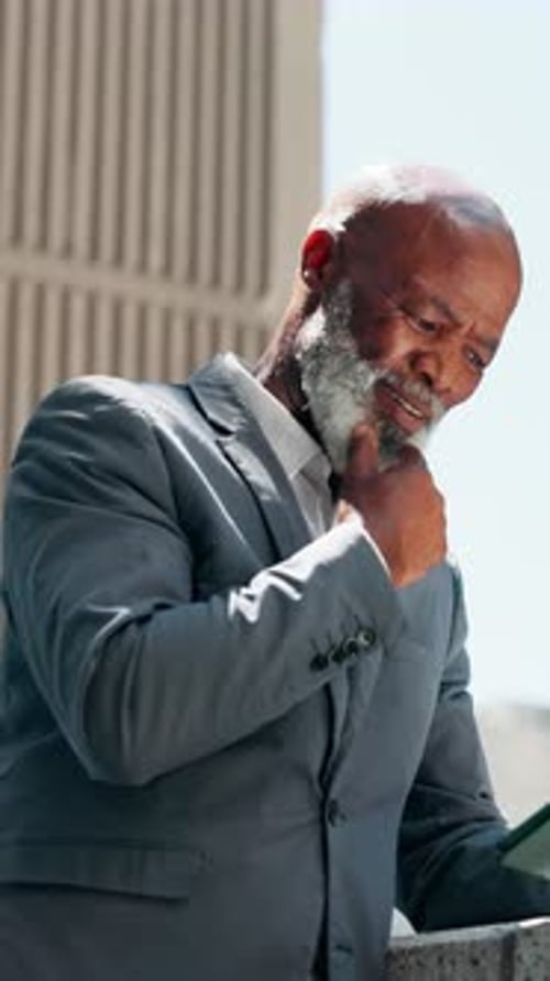 Property development, tablet and thinking with business black man in city for location research