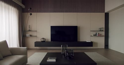 Couch Wooden Coffee Table and Tv on Stand in Living Room with Modern Interior