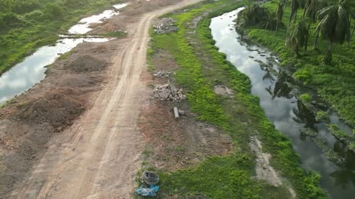 An aerial view of a dirt road
