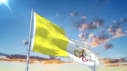 Realistic 3D Vatican Flag Waving Against Blue Sky