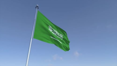 Saudi Arabia National Flag Waving Animation with Blue Sky