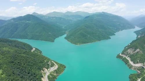 Breathtaking Aerial Views of Vast turquoise lake - Zhinvali Reservoir in Georgia