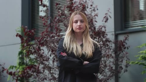 Portrait of the Successful Businesswoman Crossing Her Arms and Smiles Outdoor Urban City Beautiful