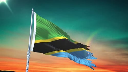Realistic Tanzania National Flag Waving Animation Against Sky