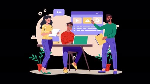 Office team collaborating on a project with technology tools.