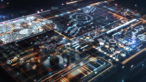 Pantalla frontal futurista que muestra el análisis de datos con líneas y círculos brillantes