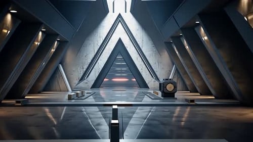 Futuristic hallway with geometric patterns