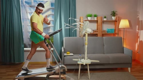 Funny Man on Treadmill in Living Room