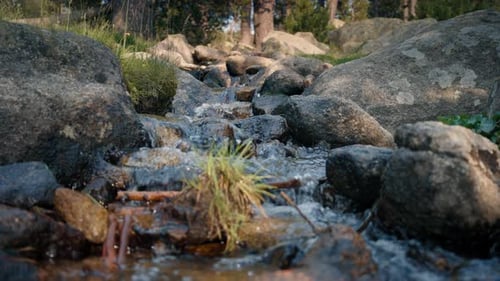 Water Flowing in Mountain River Over Rocks Making Waterfall Slow Motion Shot