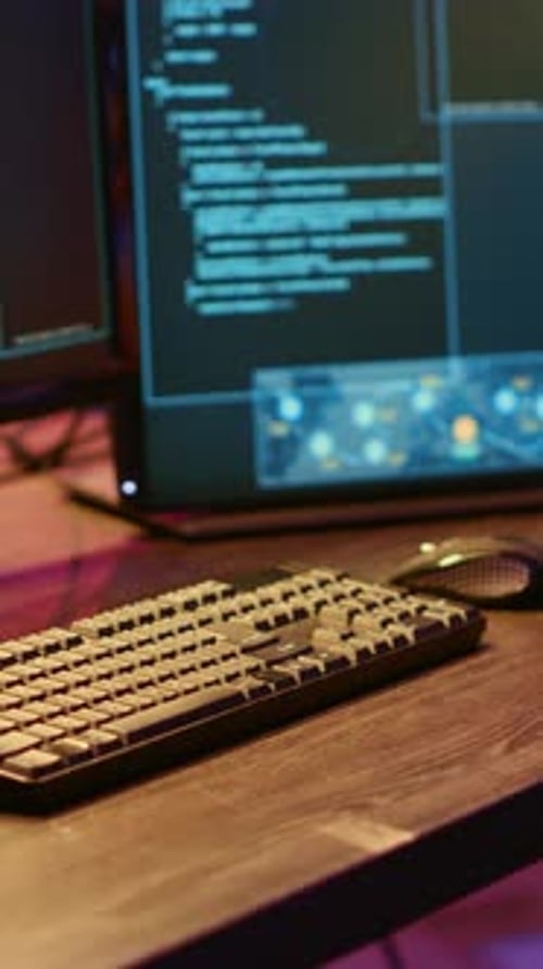 Computer Workstation with Lines of Code on Monitor