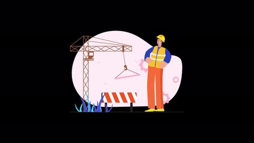 Trabajador de la construcción con grúa y barreras de seguridad