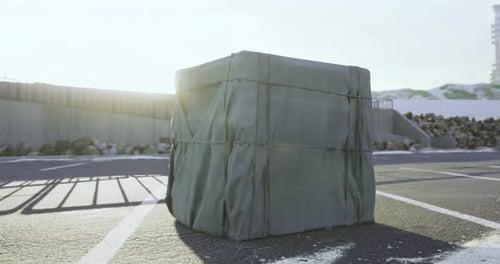 Mysterious Covered Object Sits in Parking Lot Under Bright Sunlight