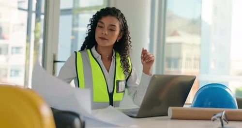Document, woman or architect on laptop for floor plan, engineering model or project inspection