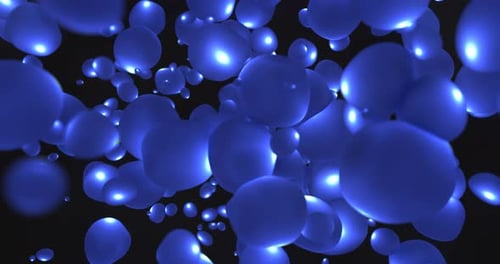 Abstract background with bright blue flying liquid bubbles glowing energy magic circles and balls dr
