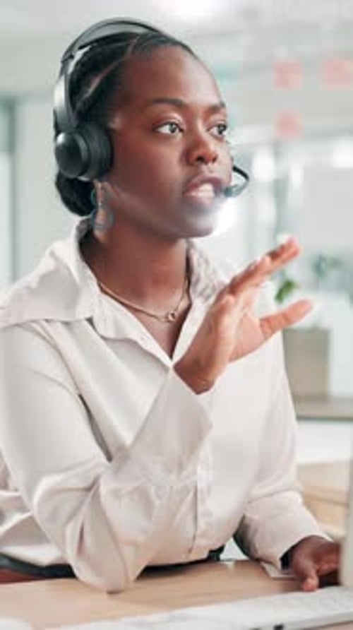 Call center, talking and computer with business black woman for travel agent