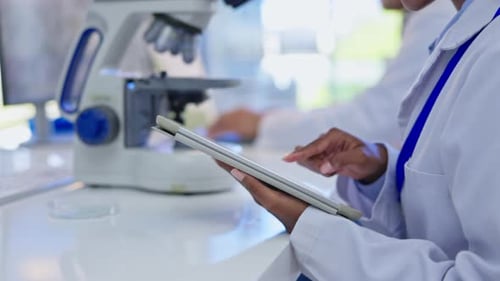 Scientist Uses Tablet in Bright Modern Laboratory