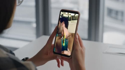 Happy Woman Virtual Calling Smartphone Friend Office Closeup Guy Talking Online