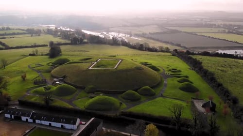 Meghalitic neolitic tomb Knowth aerial orbit shot. Complex located near by Newgrange, River Boyne va