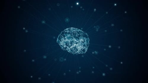 Blue polygon digital brain logo with grid line and ai technology icon rotation on futuristic