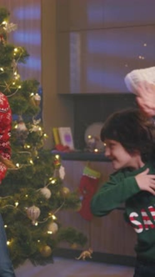 Family decorating a Christmas tree in their home