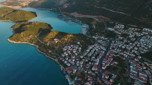 Aerial View Serene Dawn Over Ka Town s Waterfront in Antalya Region