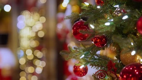 Interior Scene Displaying Festive Tree Adorned with Twinkle Lights and Holiday Decorations