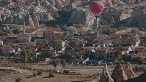 Red Balloon In The Valley Above The Houses, Cappadocia