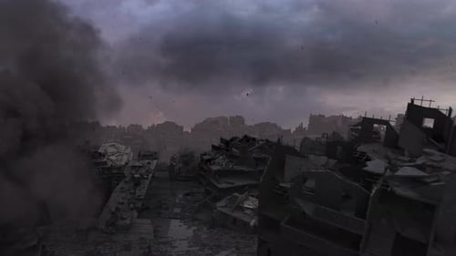 Camera flies close to destroyed city, aerial view.