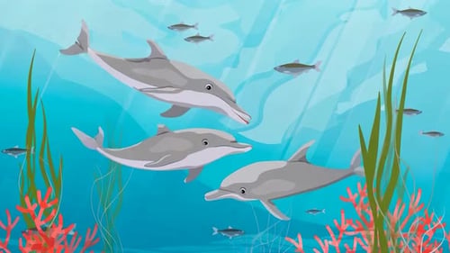 Gruppe von Delfinen, die unter Wasser schwimmen, Meereslebewesen, Korallen, Wassertiere, Zeichentrickfilme