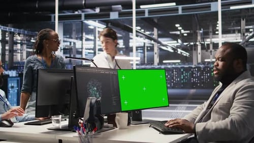 Data Center Admin Using Isolated Screen PC to Monitor Neural Network AI