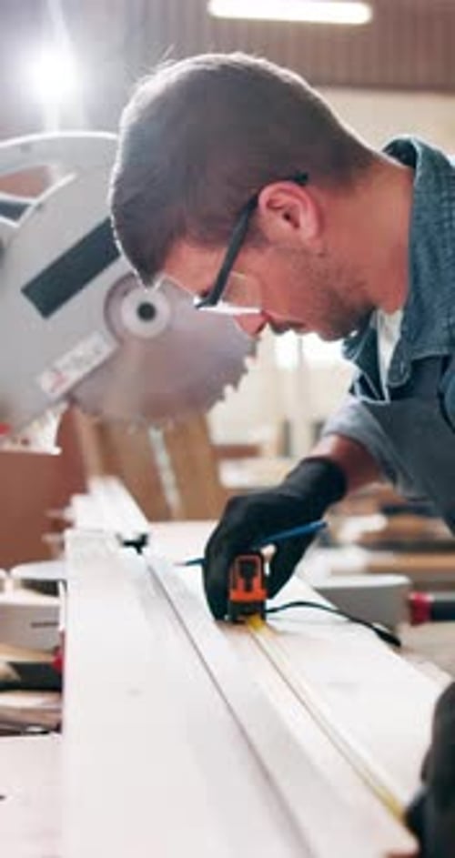 Workshop, wood and carpenter with tape measure, project and woodwork or construction