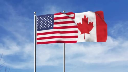 United States and Canada National Flags Waving