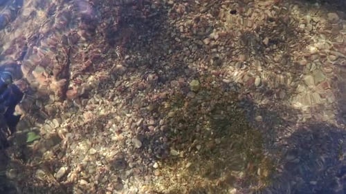 Rocky and sandy river bed through crystal clear water in slow motion. Ultra wide shot.
