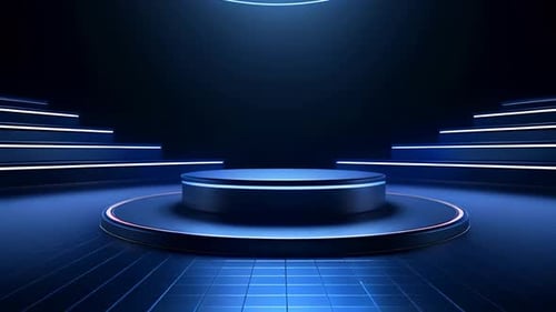 Futuristic Blue Neon Light Stage with Central Pedestal Background