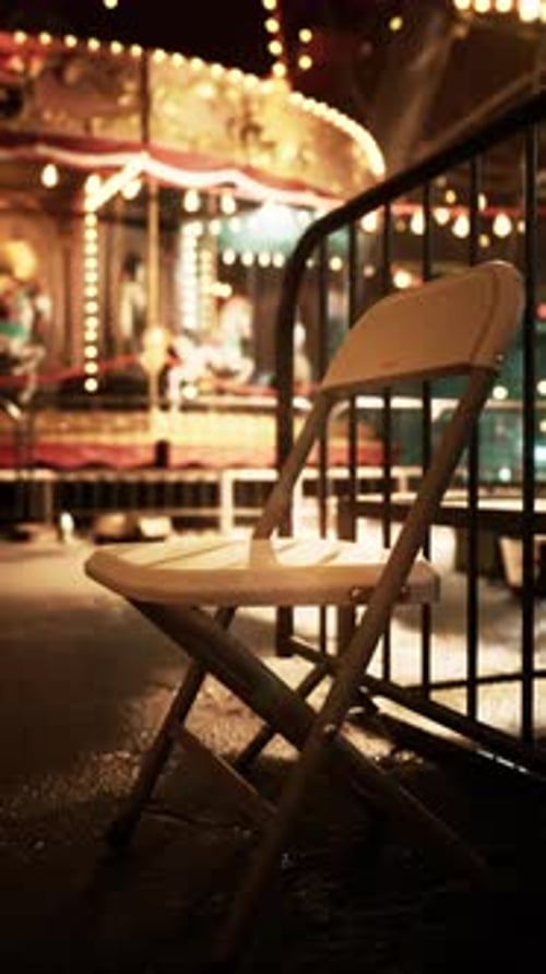 Empty Chair in Front of Blurry Carousel at Night