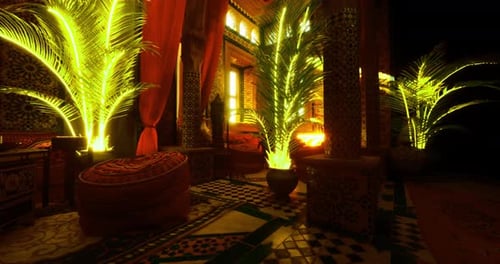 Animated Luxurious Moroccan Interior Scene with Glowing Palms