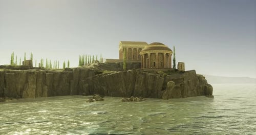 Ruines d'un ancien temple sur la côte rocheuse avec des eaux calmes au coucher du soleil